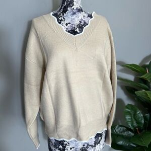 Knit beige cream v neck tight knit sweater